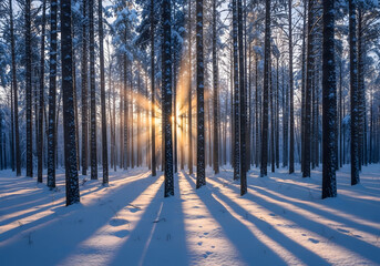snow and sunbeams in a winter forest at sunrise

