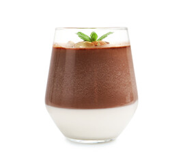 Delicious chocolate panna cotta with almonds and mint in glass isolated on white