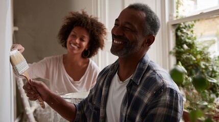 Couple enjoys painting their home together in a bright and cozy living room during daylight hours