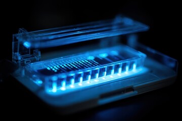 DNA Analysis Lab Equipment illuminated, research process, dark backdrop. Gene test