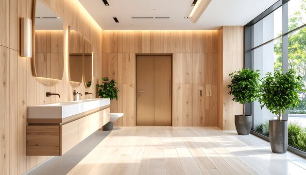 Modern minimalist bathroom with wood paneling, double sinks, and large windows