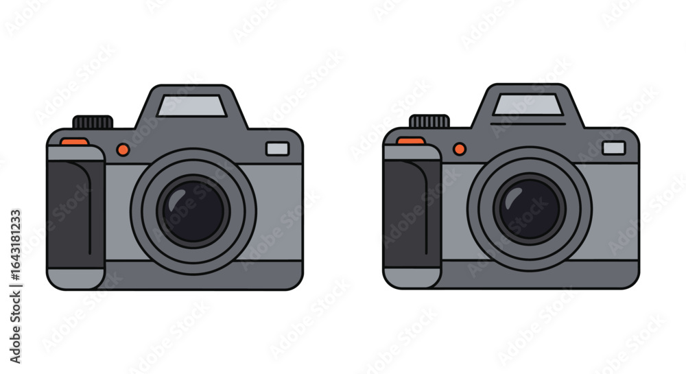 Poster two camera icons in gray and black with a simple clean design