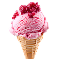 Raspberry ice cream scoop with fresh berry topping in waffle cone. Sweet frozen dessert for hot summer day. Close-up studio shot.