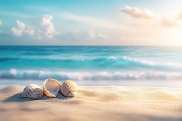 Obraz premium Three Beautiful Sea Shells Resting on Soft Sandy Beach with Gentle Ocean Waves and Bright Sky in the Background During Sunrise or Sunset Light
