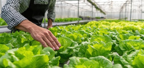 The farmer inspecting vibrant lettuce plants in a greenhouse setting.
