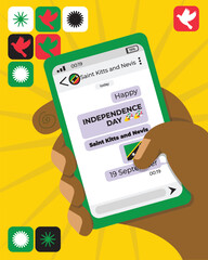 Naklejka premium A hand holding a phone with a chat congratulates Saint Kitts and Nevis Independence Day with a dove and fireworks icon.