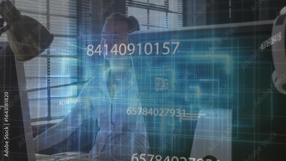 Poster woman typing keys and initiating holographic data grid encircling desk for tech data monitoring