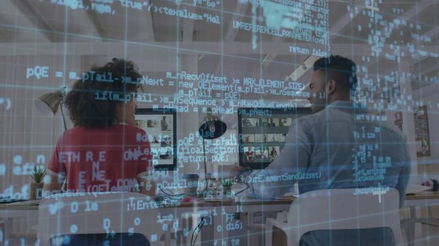 Colleagues noticing code overlay and discussing debugging before bumping fists and resuming coding