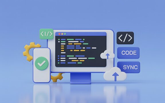 Stylized Software Development Scene Depicting Coding Synchronization and Approval with a Computer Mobile Device and Cloud Icons
