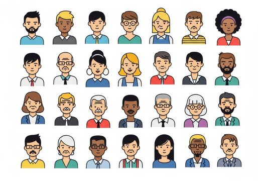 Diverse group of people avatars in a grid, representing various ages, genders, and styles, isolated on white background - Powered by Adobe