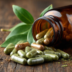 Green dietary supplements spilling from a brown bottle on a wooden surface, showcasing health and wellness, natural remedy concept
