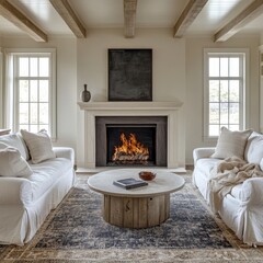 Fototapeta premium Two white sofas and a round coffee table by a fireplace, creating a classic country farmhouse home interior design in a modern living room, Generative AI