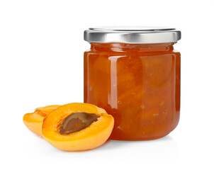 Tasty apricot jam in jar and fresh fruit isolated on white
