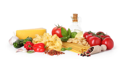 Different types of pasta and ingredients isolated on white
