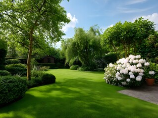 Naklejka premium Serene Green Garden with White Flowers