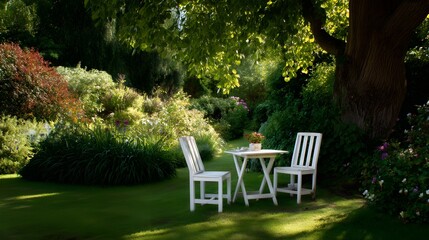 "Tranquil Garden Setting with Table and Chairs"