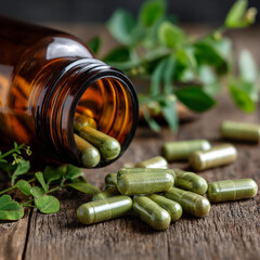 Green dietary supplements spilling from a brown bottle on a wooden surface, showcasing health and wellness, natural remedy concept