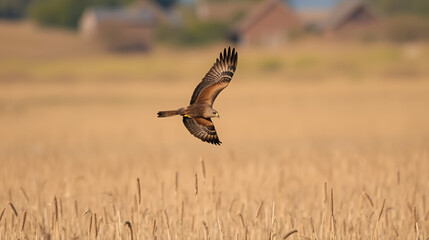 Marsh Harrier (Circus aeruginosus) hunting over a reedbed in the Somerset Levels in the United Kingdom