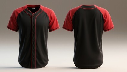 3D mockup of a short-sleeve baseball jersey, red and black solid color, front and back view side-by-side