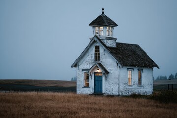 Fototapeta premium Old white schoolhouse, dusk, field