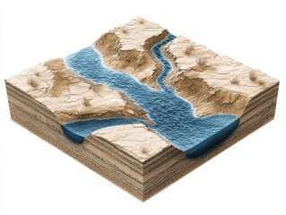 Seasonal riverbed – Blueprint-style 3D concept showing dry-season paths, underground flow, and aquifer recharge on white background.