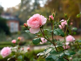 Blooming Pink Rose in Vintage Garden