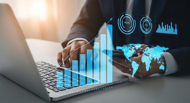 Businessman analyzing global financial data with charts on laptop screen