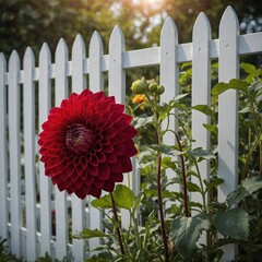 A vibrant red dahlia blooms beautifully beside a classic white picket fence, creating a charming and picturesque garden scene.