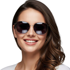 Naklejka premium Smiling young woman with long brown hair wearing stylish sunglasses against a transparent background.