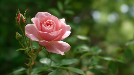 Pink Rose with Green Leaves in Vintage Garden