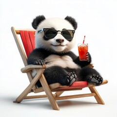 Funny panda bear wearing stylish sunglasses and holding a drink on a beach chair, isolated on a white background for a summer holiday concept, Generative AI
