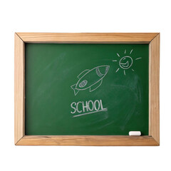 Rocket drawing and white chalk inscription on green board in wooden frame, isolated on transparent background in png format.