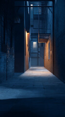 Obraz premium Narrow Urban Alleyway with Fire Escape, Streetlight Glow, Moody Night Atmosphere 