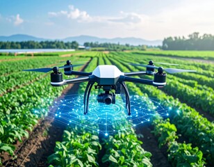 A smart drone flies over a vibrant summer countryside landscape with vast green wheat fields under a vast blue sky dotted with fluffy clouds.