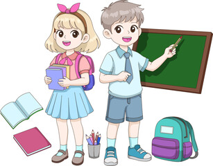 Cute students ready for school. A boy explains using a blackboard while a girl holds books, with supplies around them. Education concept