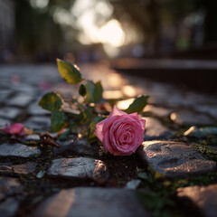 Pink rose resting on cobblestone street at sunset, capturing beauty and tranquility, nature's elegance, romantic atmosphere, floral art concept