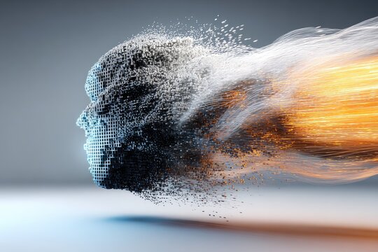 Abstract digital face, dissolving into streams of light - Powered by Adobe