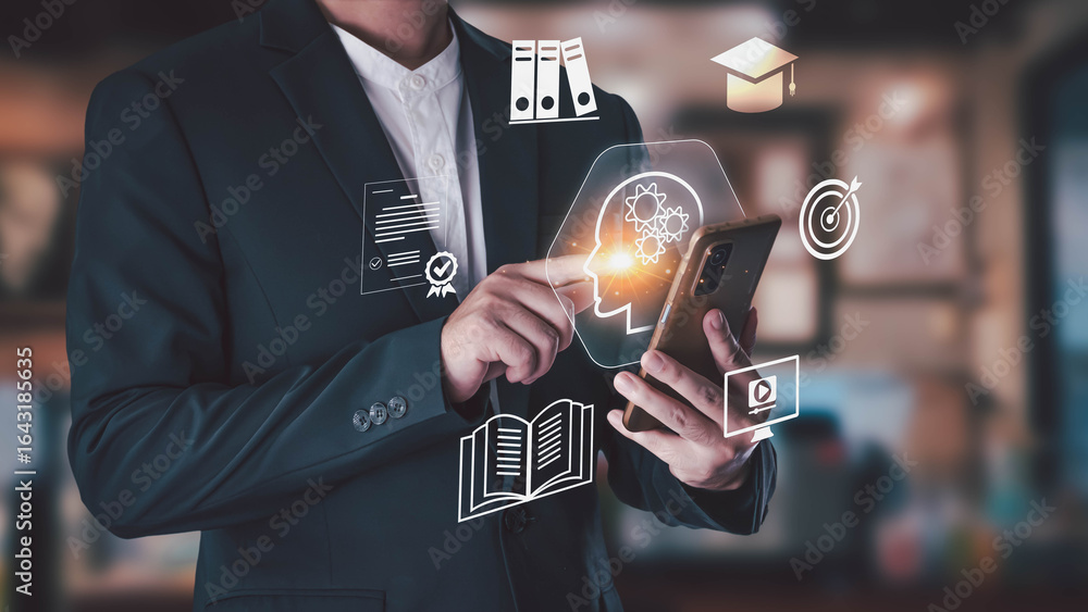 Aufkleber a businessman uses a smartphone to access an e-learning platform, managing online courses, skill dev