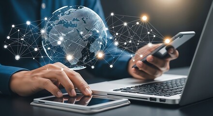 Person interacting with technology, global network and devices