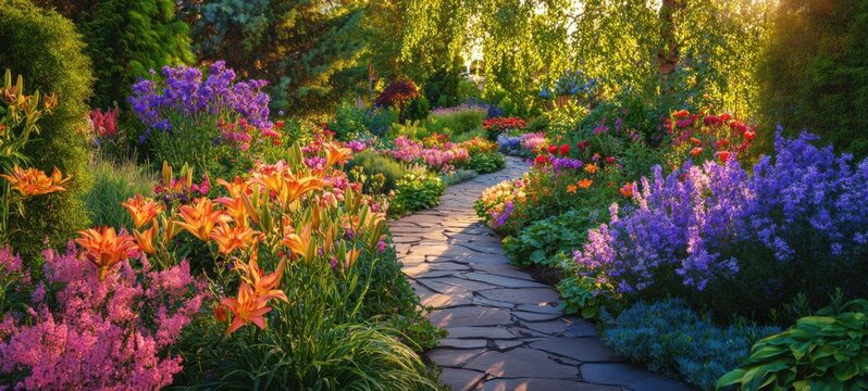 The Vibrant Floral Pathway Amidst a Colorful Garden in Full Bloom