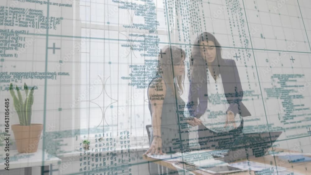 Poster woman entering frame pointing laptop screen while tech developer reviewing code overlay and docs