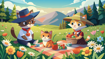 Two whimsical anthropomorphic cats enjoying a picnic in a vibrant meadow setting under the clear blue sky.