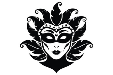 Monochrome portrait shows an adorned woman with a feathered mask against a white backdrop