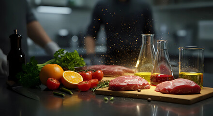 Fresh ingredients, vegetables and meat with laboratory flasks on modern food research kitchen, scientists or chefs working in the background - experiment, food science and culinary innovation concept