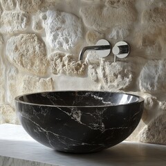 Stylish black marble round vessel sink with a wall-mounted faucet on a stone wall, ideal for a minimalist modern bathroom design, Generative AI