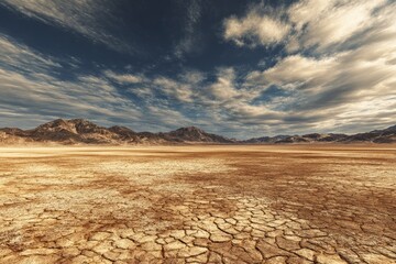 Vast, cracked desert landscape under a dramatic sky