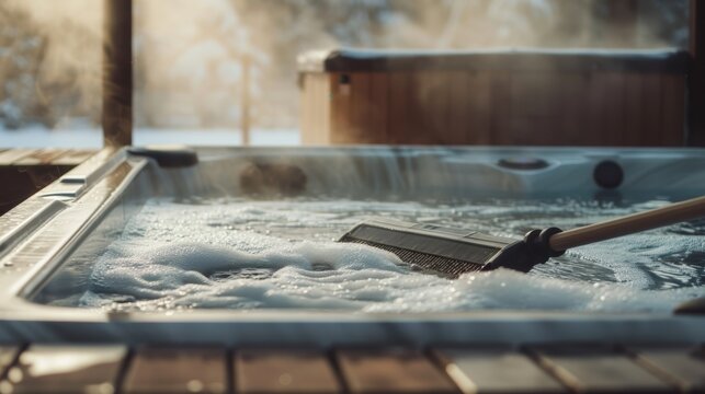 A serene hot tub scene with bubbles, steam rising, and a cleaning tool, evoking relaxation in a tranquil outdoor setting.