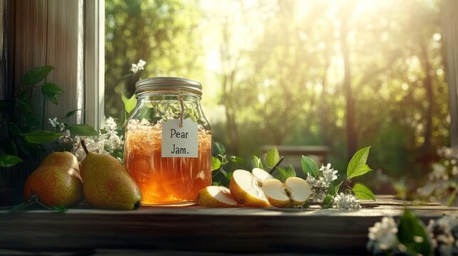 A jar of pear jam sits on a wooden table with a few pears and apples. The jar is labeled with the word "Piar" and the word "Jan." Concept of warmth and comfort