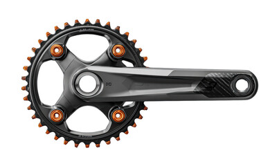 Dark gray bicycle crankset with orange accents