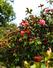 Obraz premium Lush pink flowers bloom on a green bush against a blurred sky